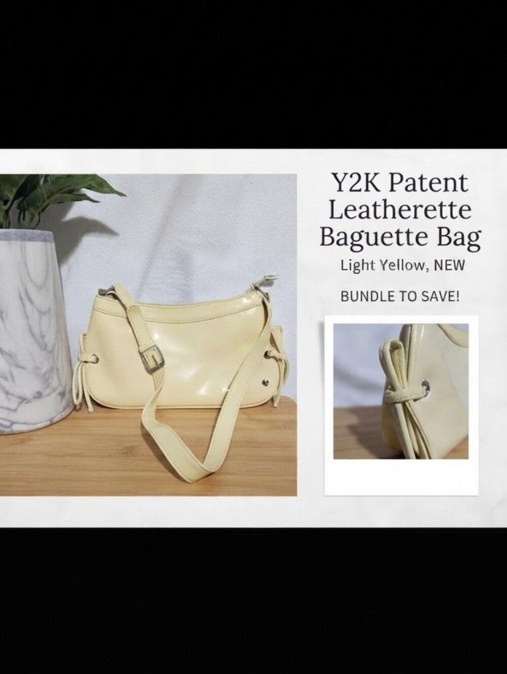 Light Yellow Patent Leatherette Baguette Bag